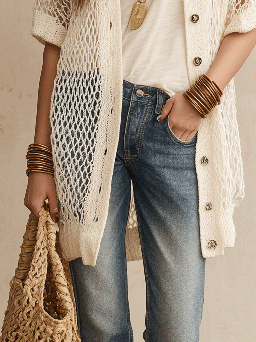 Bohemian Open-Knit Resort Ivory White Cardigan