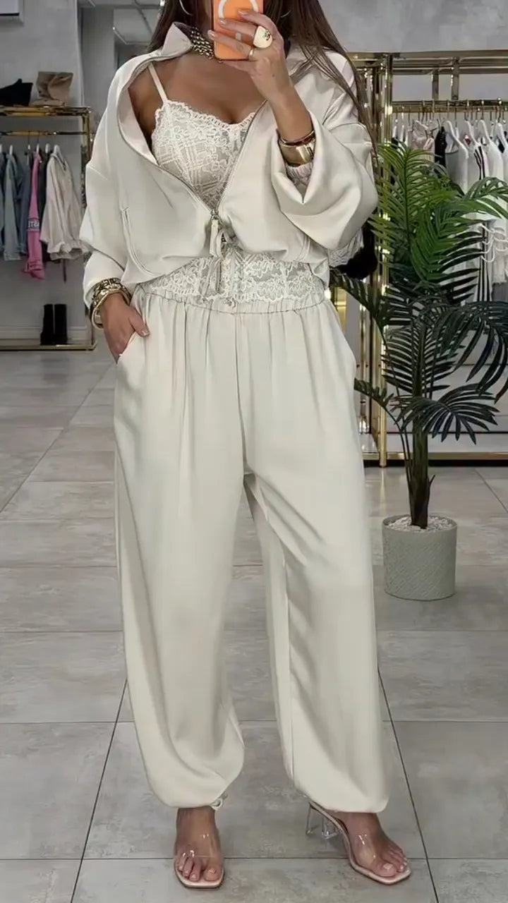 Beige Satin Zip Up Hoodie and JoggersLeg Pants 2 Piece Set