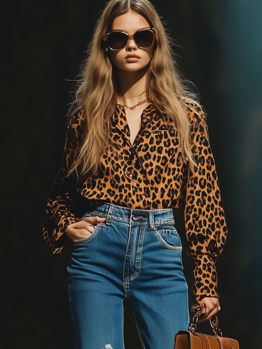 [24-hour shipping out]Casual Loose Vintage Velvet Leopard Print Long Sleeve Blouse