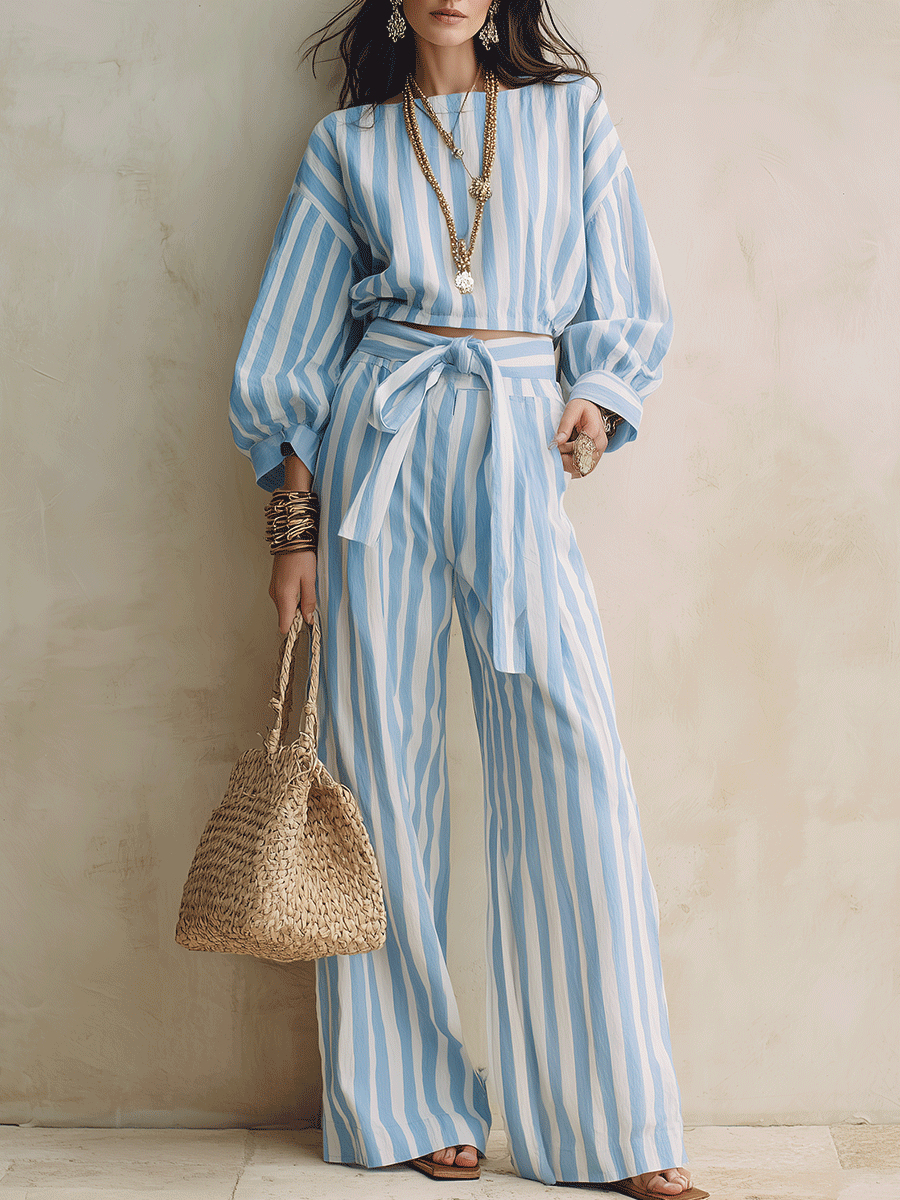 Bohemian Striped Resort Sky Blue Belted Two-Piece Set