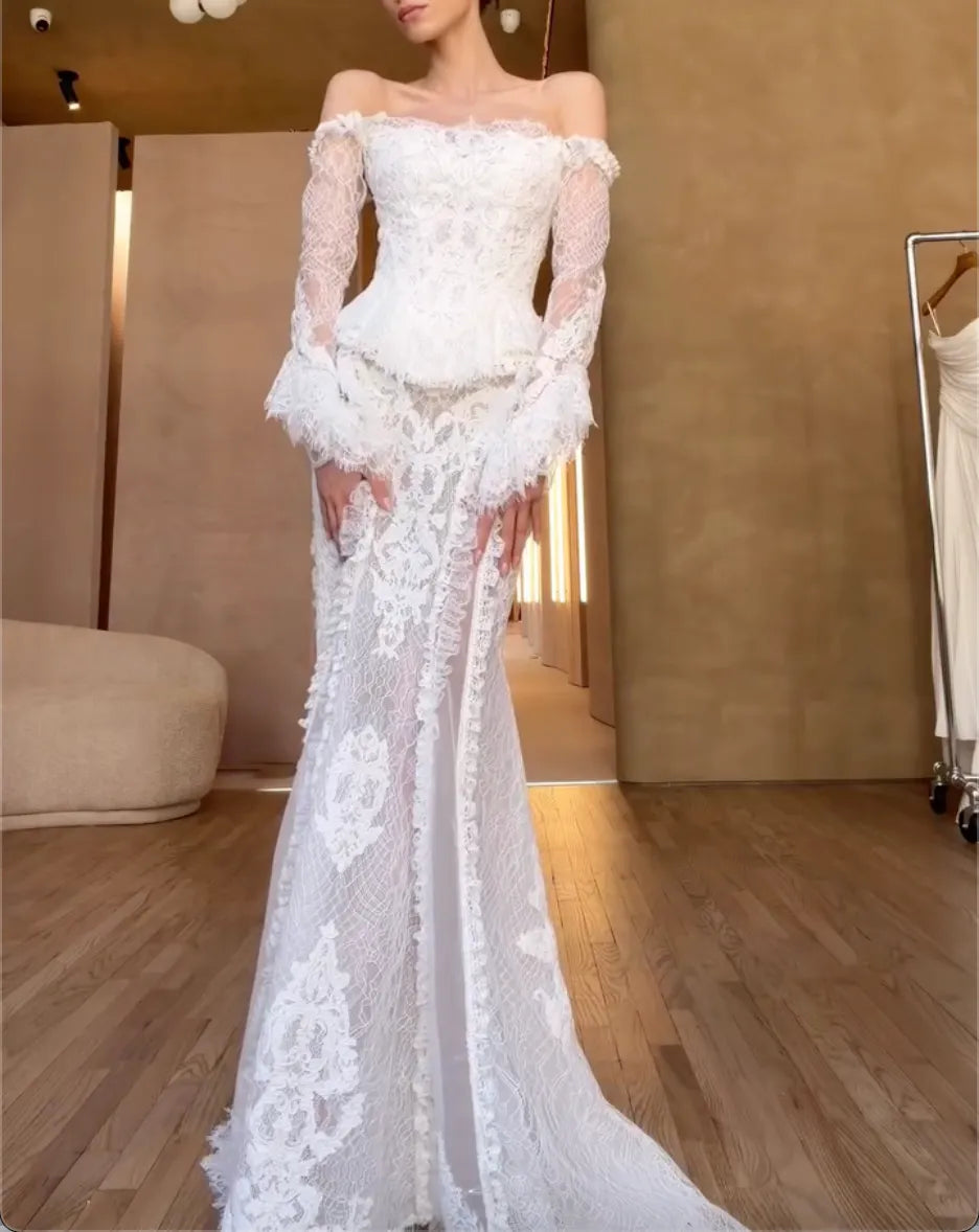 Off The Shoulder Long Flare Sleeve Lace Mermaid Wedding Dress Two Piece Corset Bridal Gown With High Slit