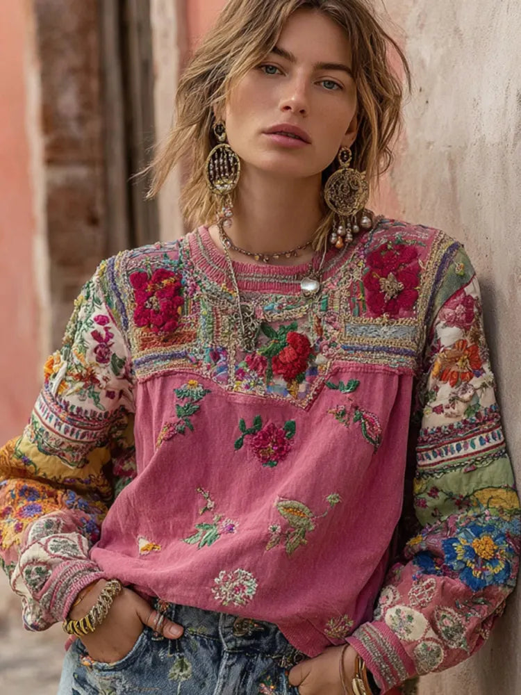 Vintage Bohemian Floral Embroidery Patchwork Crew Neck Long Sleeve Sweatshirt