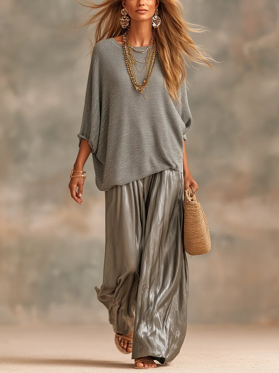 Charcoal Gray Knit Top And Glossy Wide-leg Pants Suit