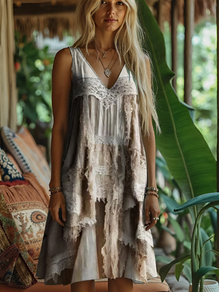 Bohemian Lace Patchwork Art Women's Linen Vest Dress