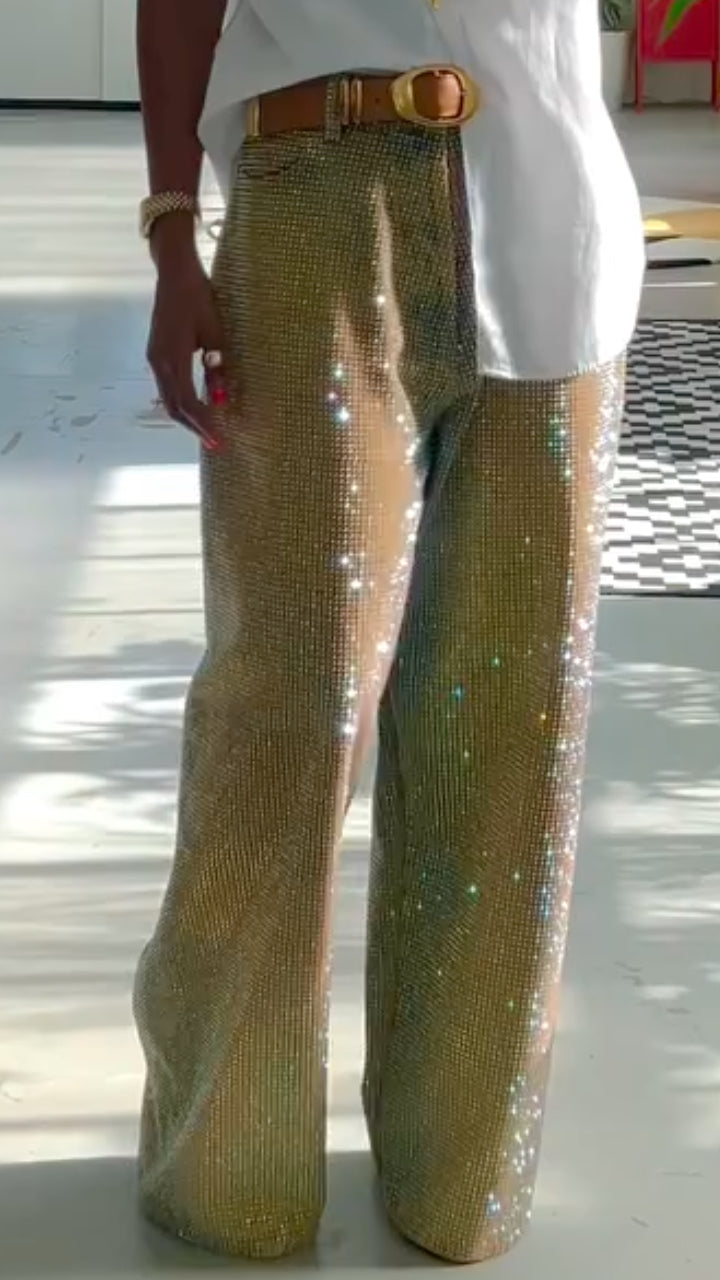 White Shirt Gold Rhinestone Wide Leg Pants Set
