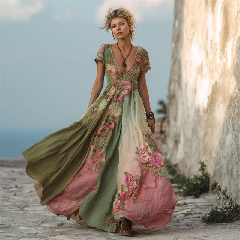 Vintage Pink Roses Gradient Patchwork Flowy Linen Maxi Dress