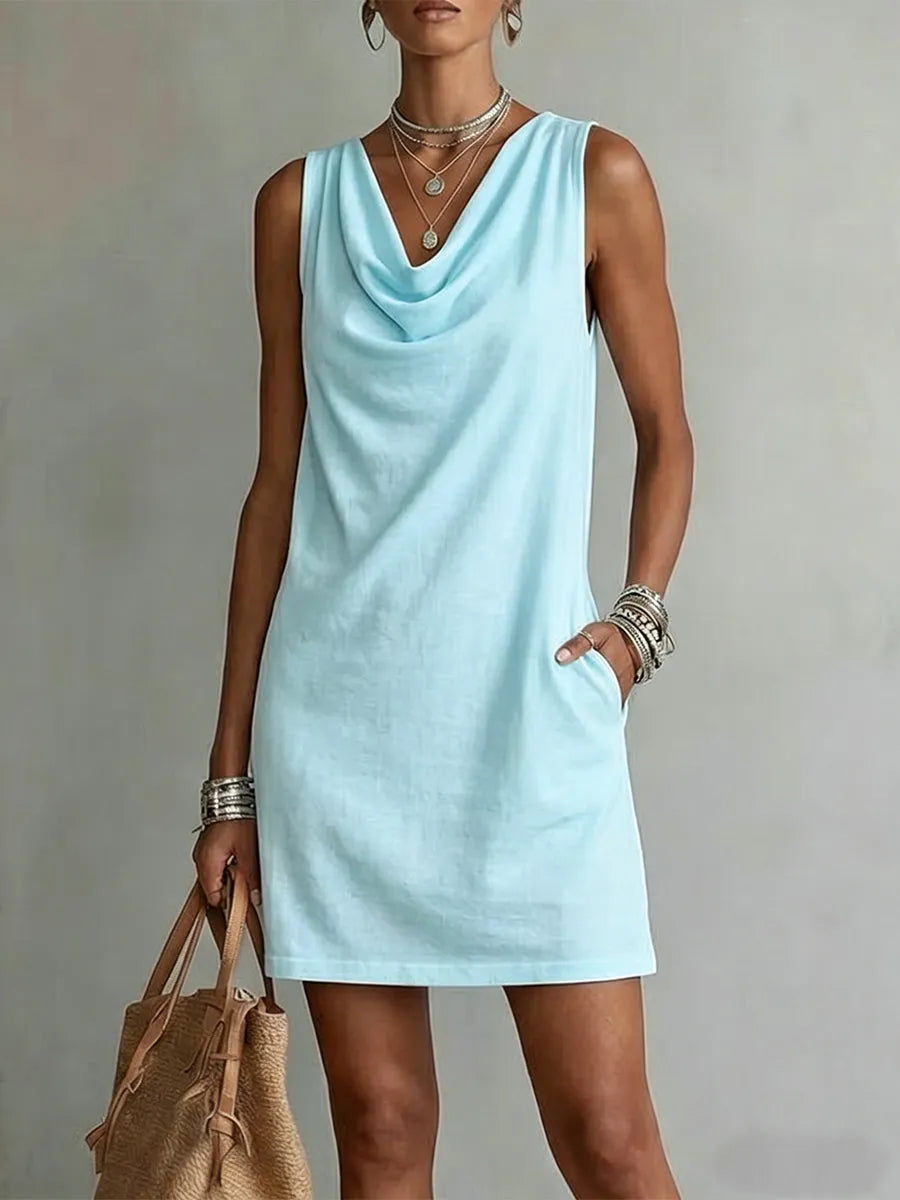 Draped-neck Sleeveless Cotton Dress