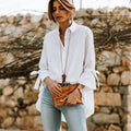 Effortless Chic Cotton Bell-Sleeve Tie-Cuff High-Low White Shirt