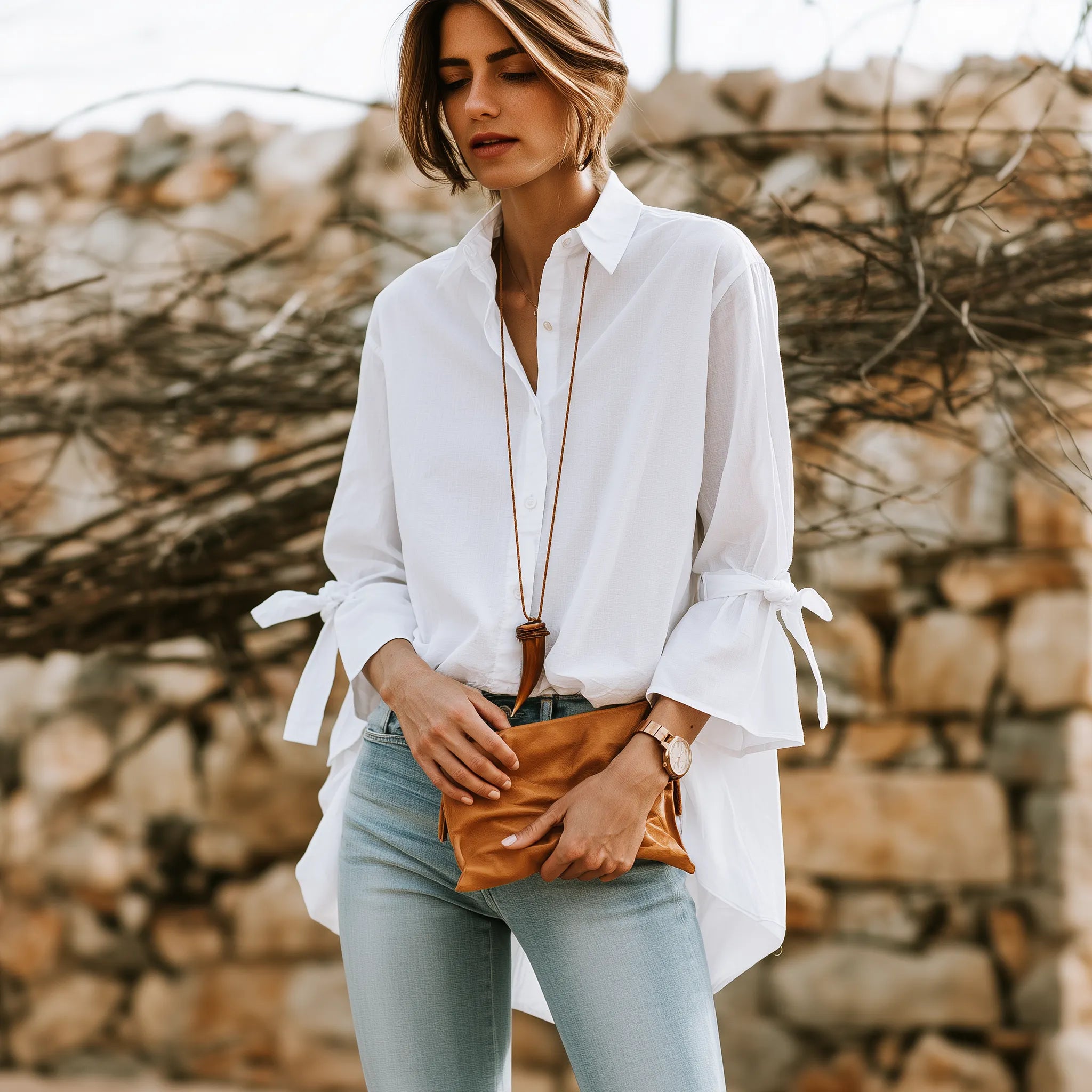 Effortless Chic Cotton Bell-Sleeve Tie-Cuff High-Low White Shirt