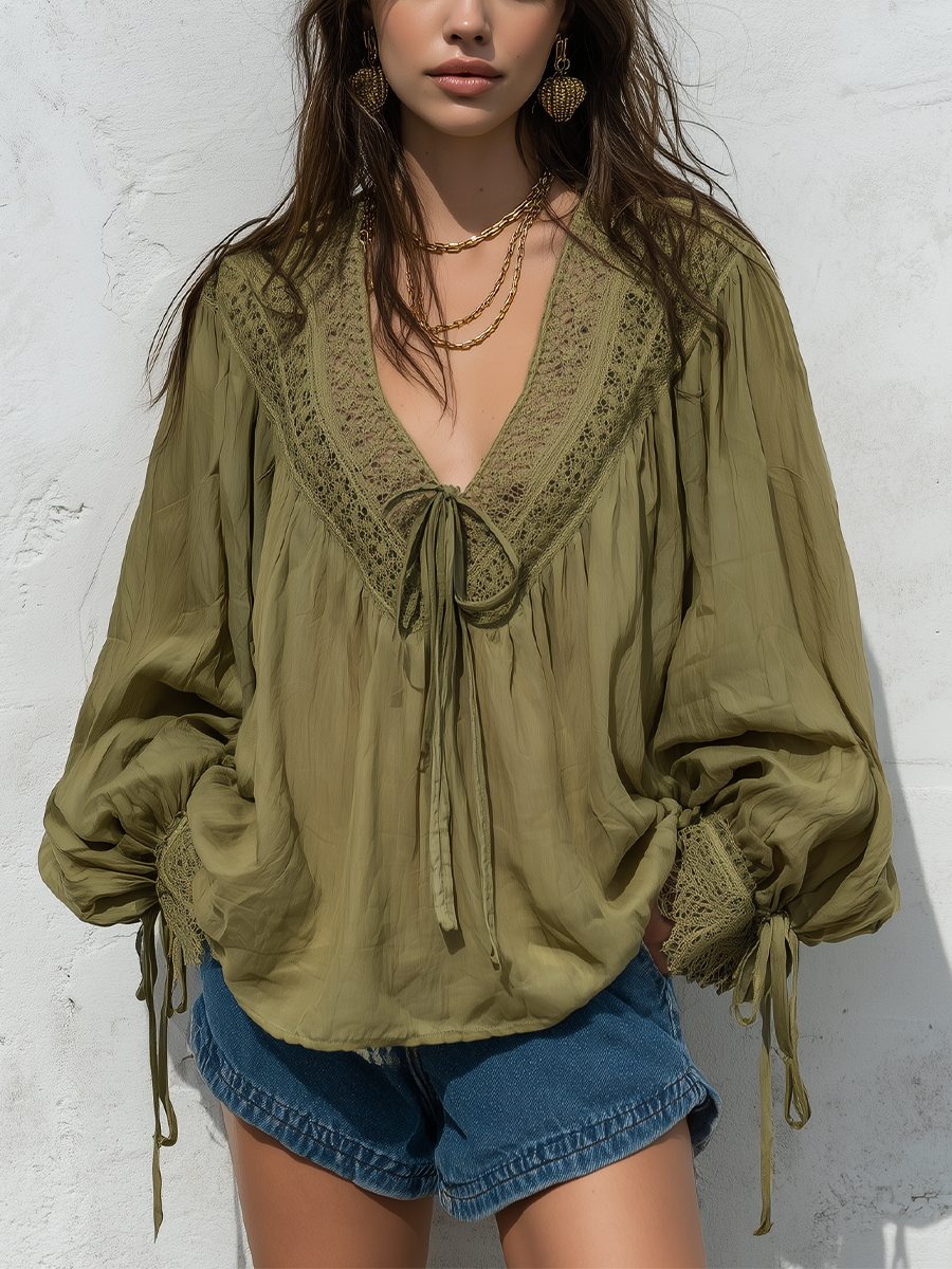 Bohemian Lace Trim Tie Front Blouse