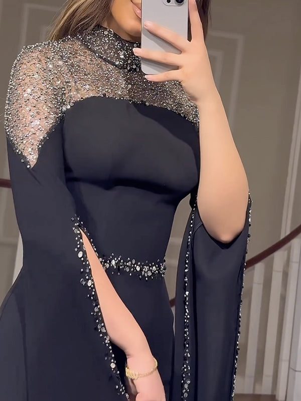 Paneled Shiny Long Sleeves V-neck Maxi Dresses