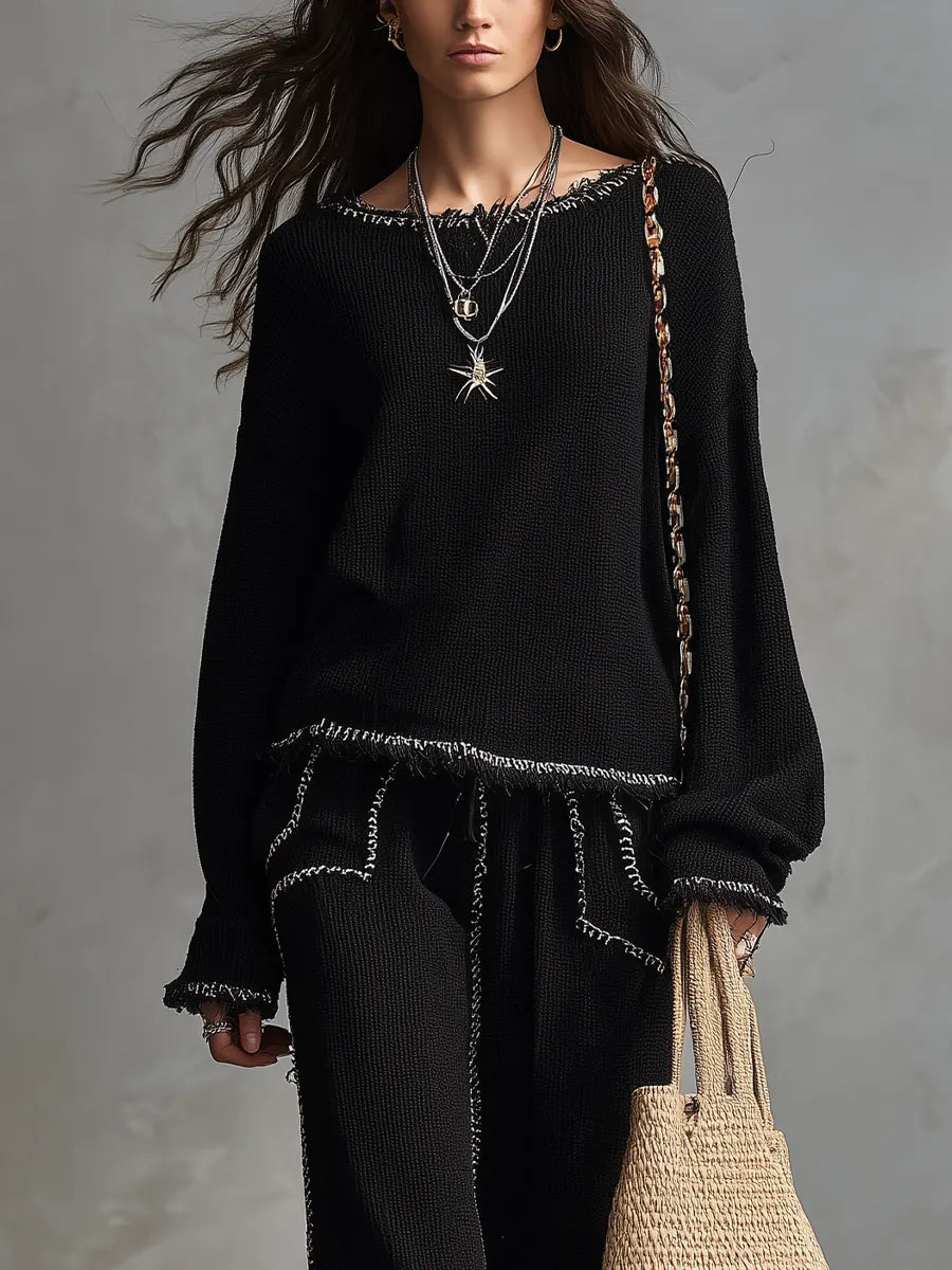 Minimal Boho Frayed Edge Knit Top & Wide Leg Pants Set