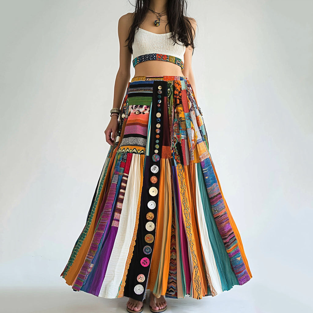 Bohemian Colorful Geometric Art Art Linen Blend Skirt