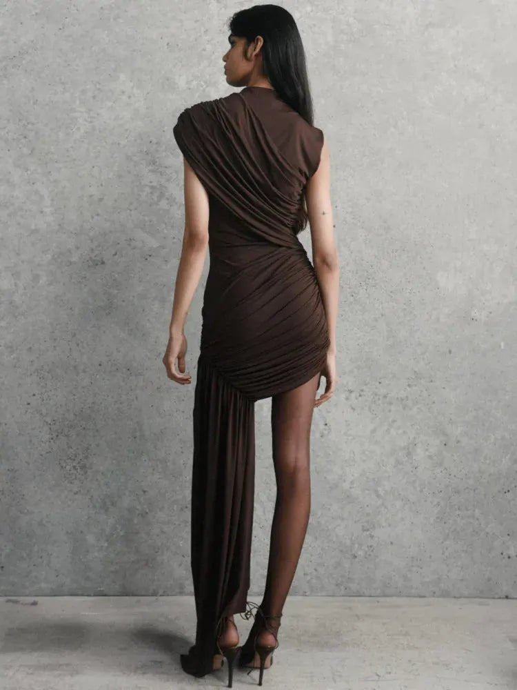 Sarena One-Shoulder Ruched Mini Dress – Asymmetric Drape Party Dress in Brown, Black, Cream, Beige or Claret