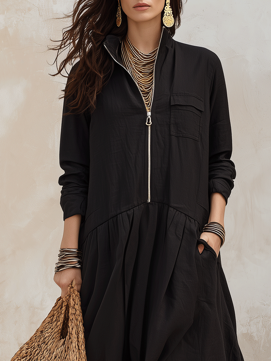 Effortless Boho Linen Zip-Front Tiered Drop-Waist Black Maxi Dress