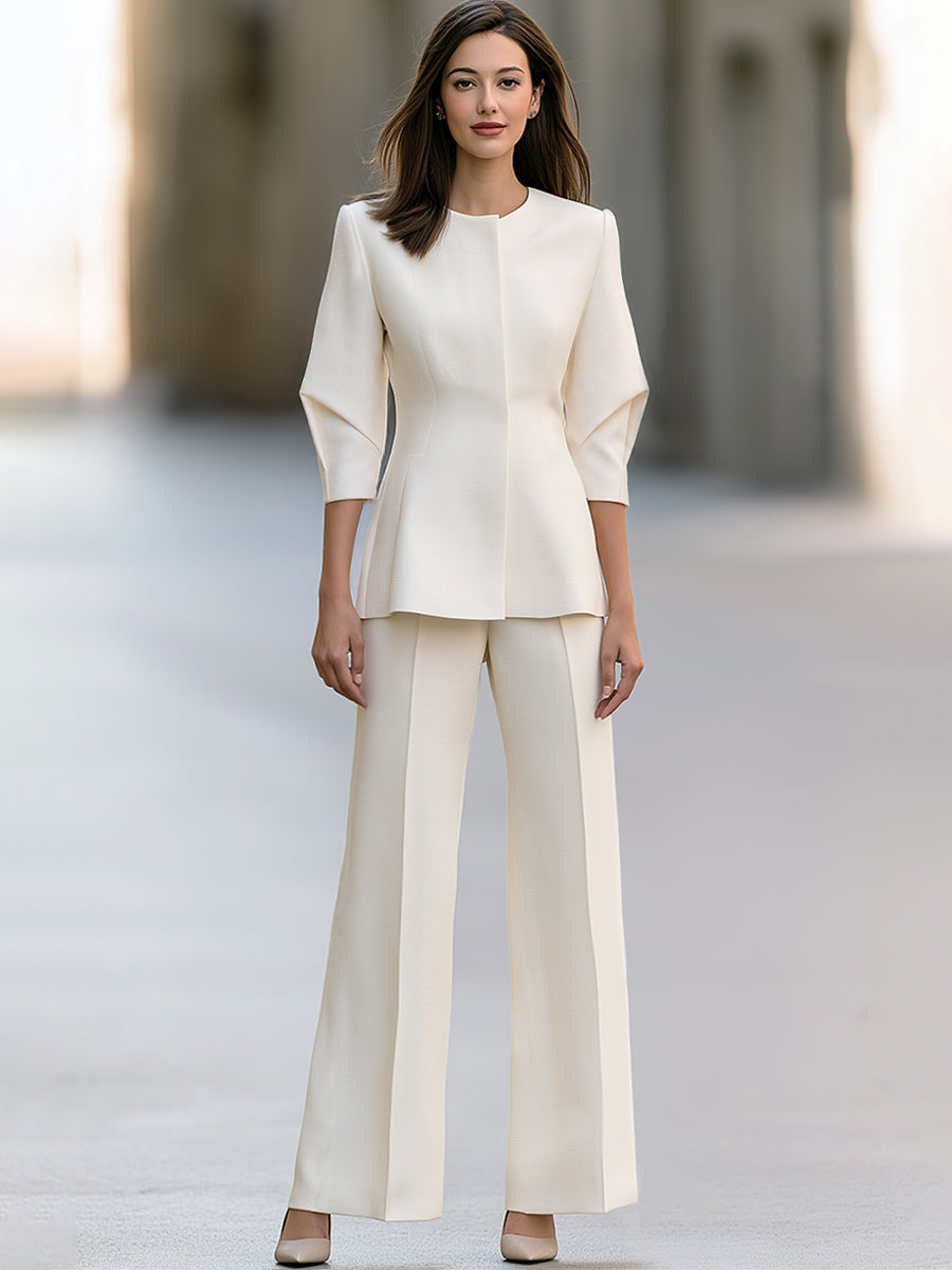 Sculpted Sleeve Peplum Jacket And Wide-Leg Pants Set