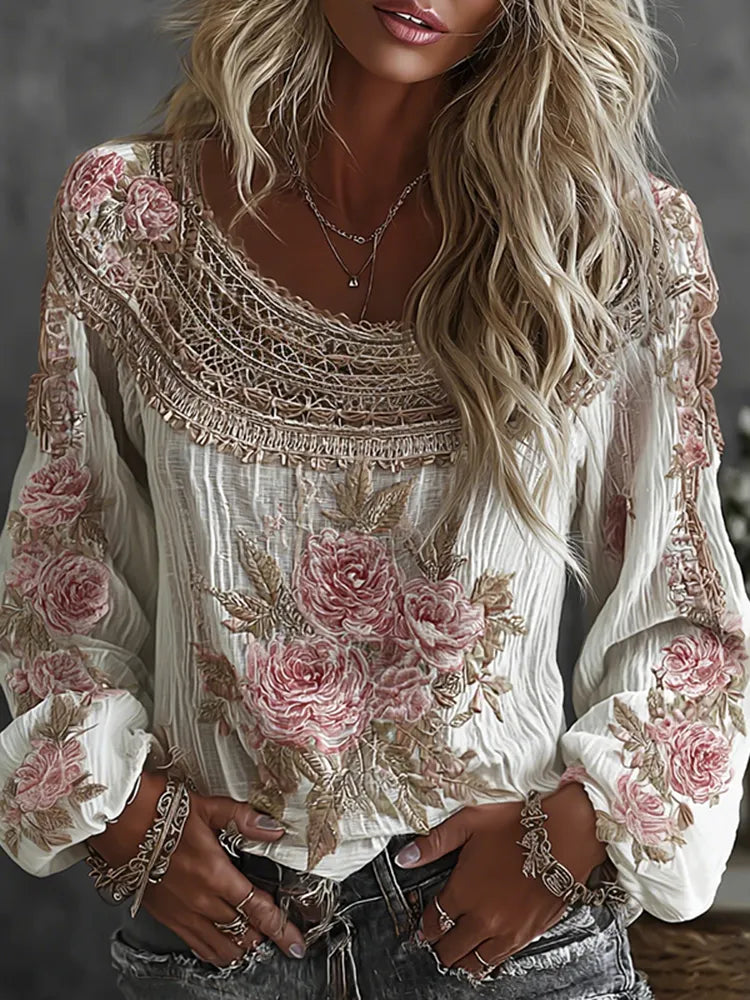 Women's Floral Embroidered Art Print Flowy Linen Blend Casual Tops