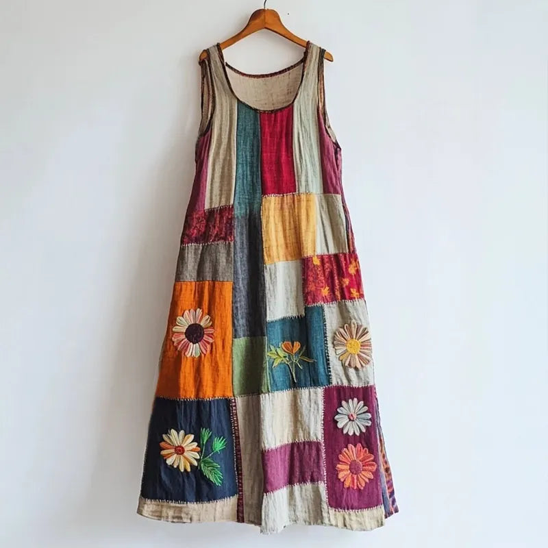 Vintage Floral Embroidered Patchwork Linen Blend Dress 02bb