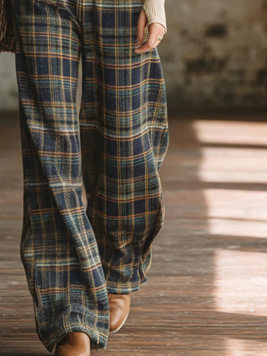 Classic Retro Blue Plaid Side-button Wide-leg Overalls