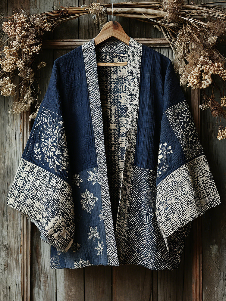 Retro Japanese Traditional Sashiko With Sakura Art Print Cotton And Linen Blend Kimono Cardigan