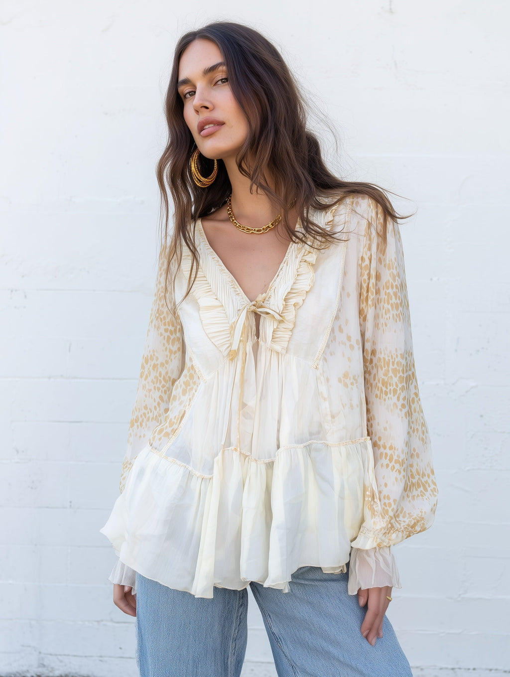 Leopard Print V-Neck Ruffle Tie-Front Blouse with Bishop Sleeves