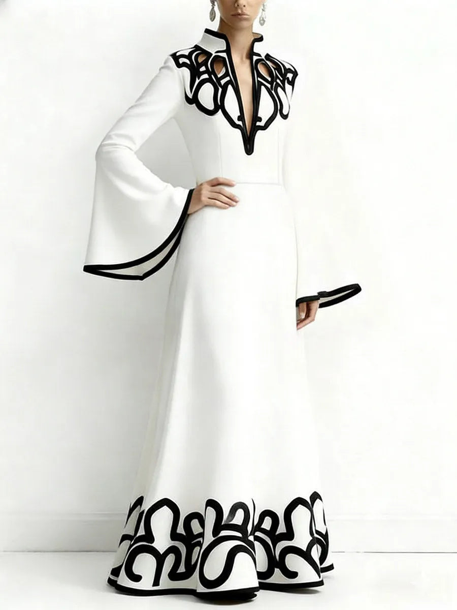 A-Line Flared Sleeves Abstract Printed Contrast Color Hollow Line Split-Joint Stand Collar Maxi Dresses