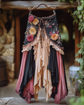 Summer ruffled cotton and linen patchwork contrast color skirt 29be