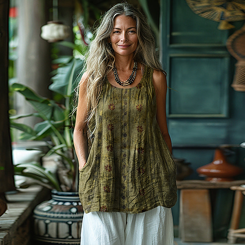 Vintage Tribal Pattern Art Sleeveless Linen Blend Tank Top