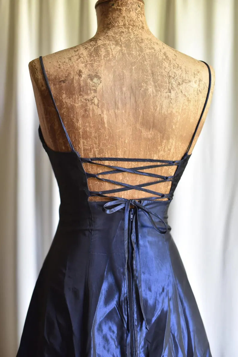 Royal Blue Metallic Y2K Vintage Empire Waist Floral Gothic Fantasy Fairycore Special Occasion Maxi Dress