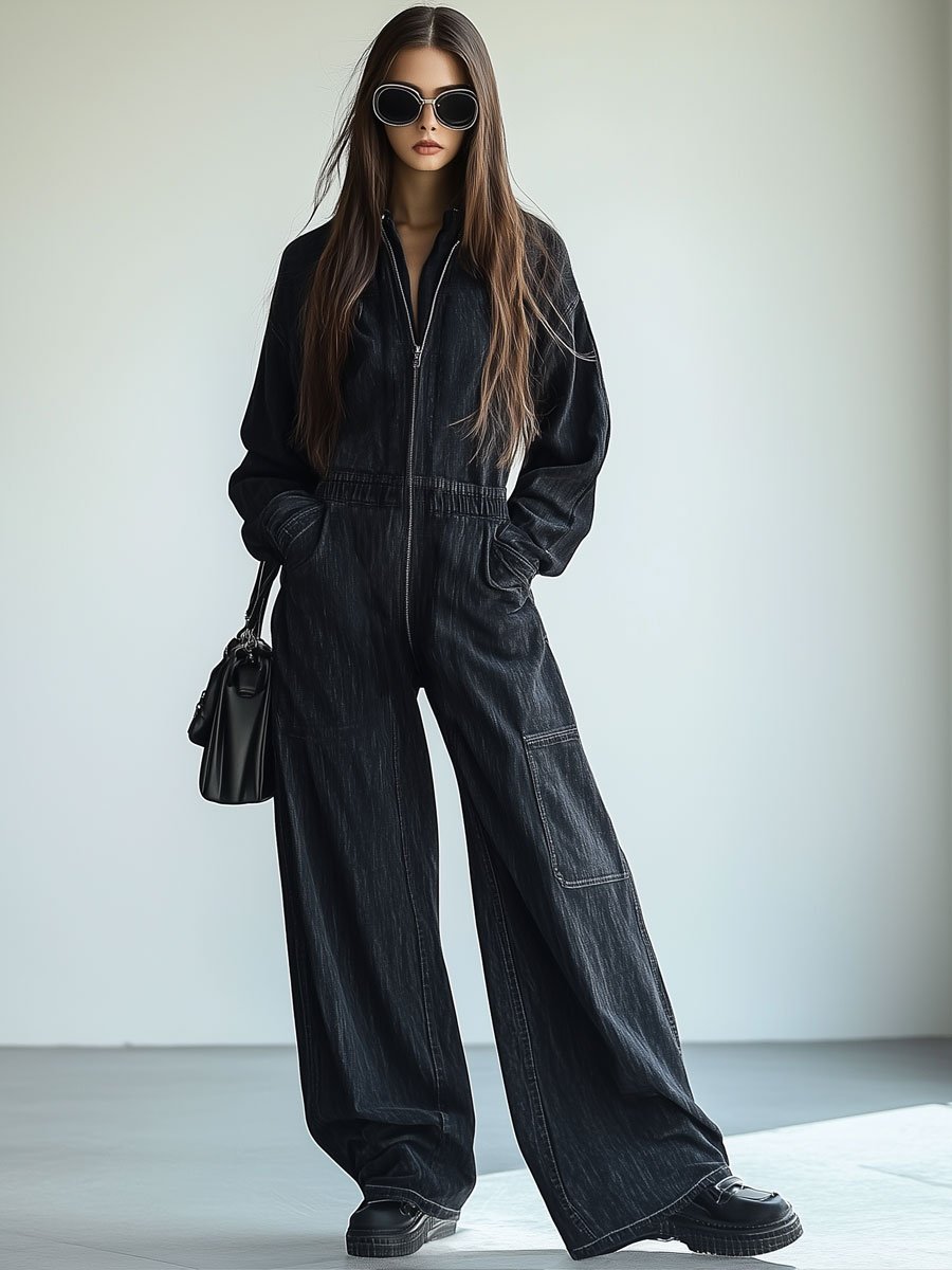 [24-hour shipping out]Casual Loose Retro Denim Zipper Elastic Waist Lapel Long Sleeve Jumpsuit