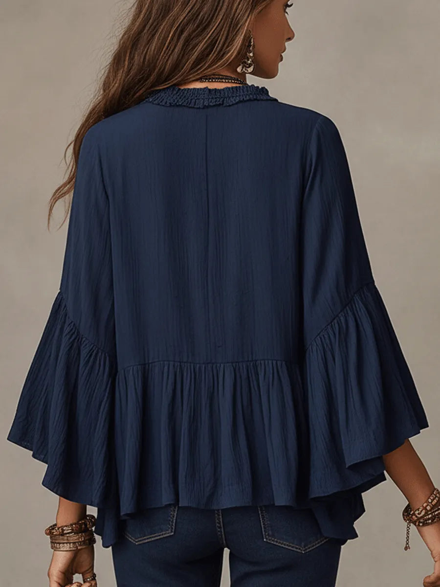 Effortless Deep Blue Ruffle Boho Blouse