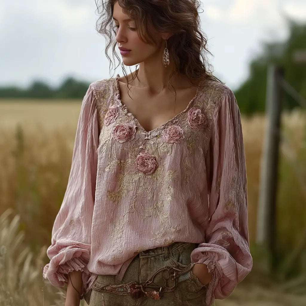 Bohemian Retro Countryside Style Plant Flower Design Cotton And Linen Women's Long-sleeve Shirt