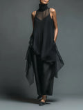 Gurtons Avant-Garde 2-Piece Set - Sheer Mesh Layered Chiffon Maxi Dress in Midnight Black