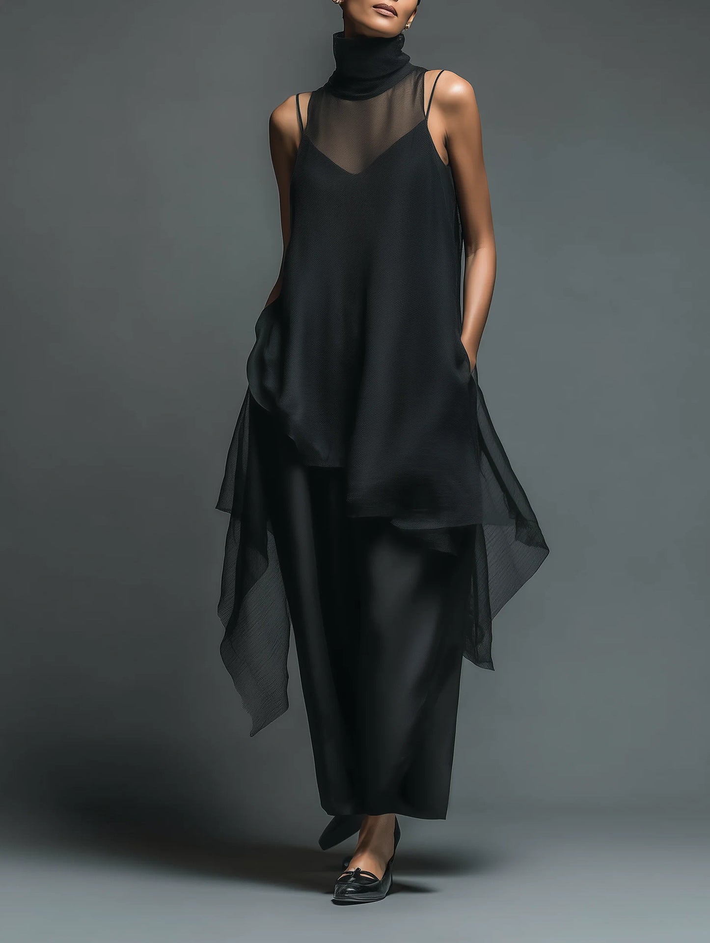 Dadihouse Avant-Garde 2-Piece Set - Sheer Mesh Layered Chiffon Maxi Dress in Midnight Black
