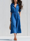 Minimalist Blue Drawstring Hooded Midi Dress