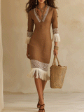 Elegant Vacation Tassel Hem Mocha Bodycon Midi Dress