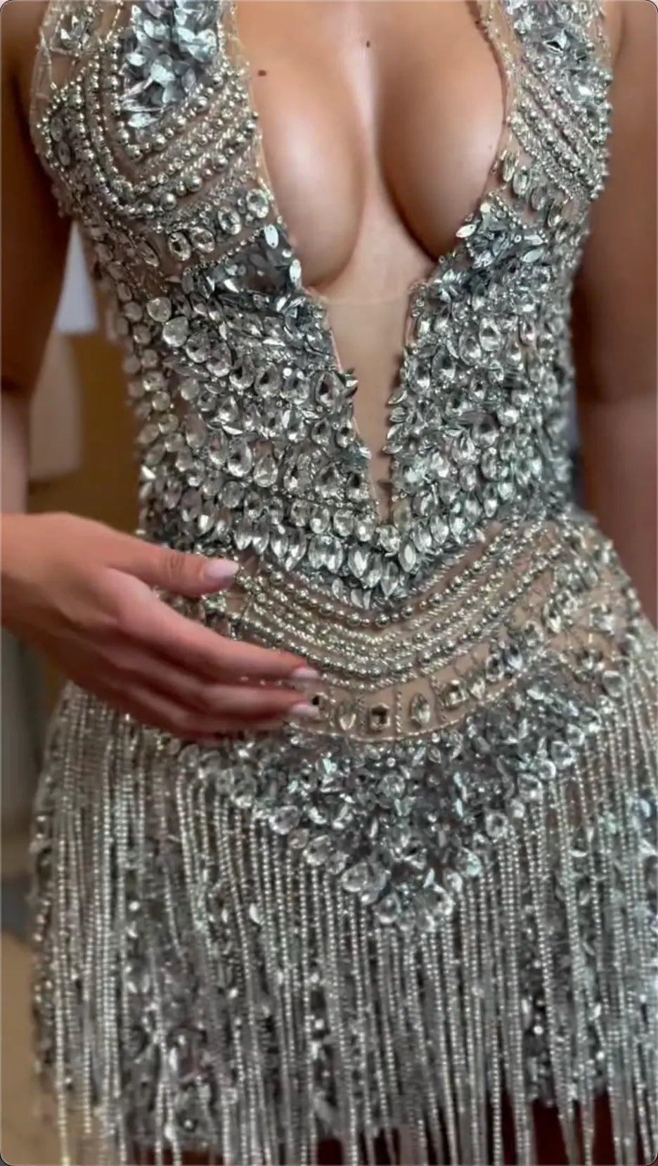 Halter Deep V Rhinestone Embellished Fringe Mini Evening Dress, Silver Sheer Mesh Bodycon Cocktail Party Gown