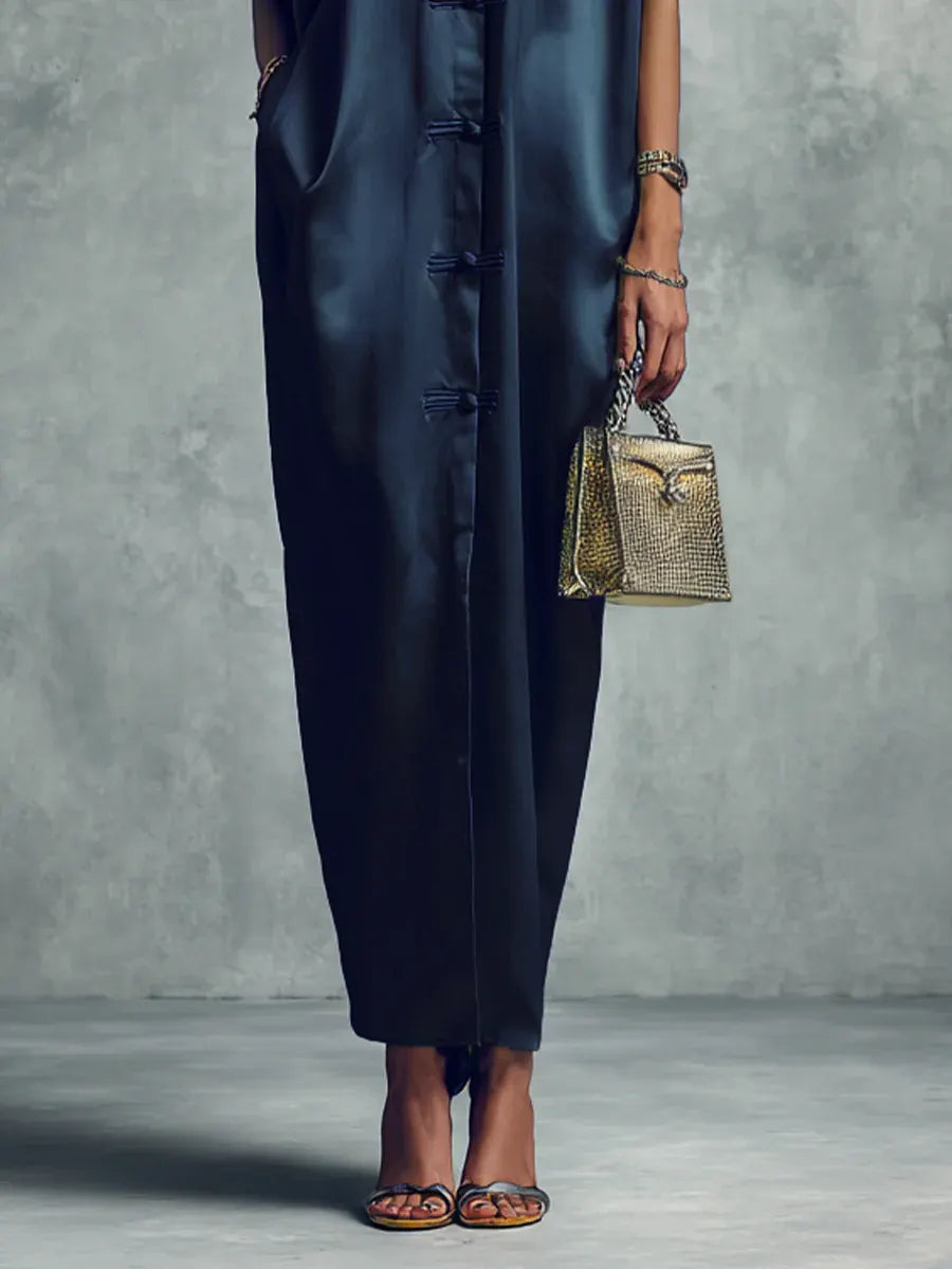 Navy Blue Stand-up Collar Button-down Maxi Dress