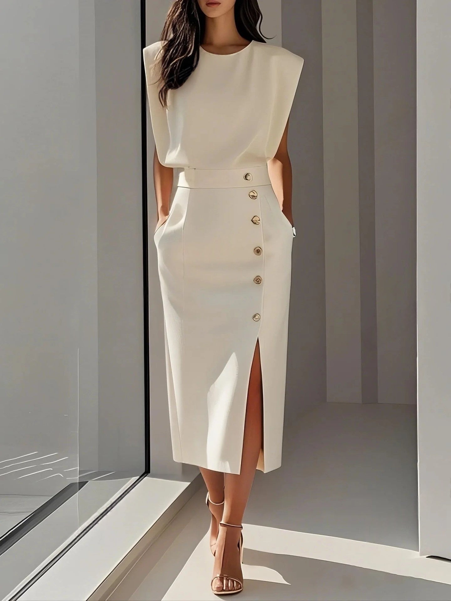 Women's Elegant High-Waist Sleeveless Maxi Dress - Professional Side Button Slit Work Dress - Quiet Luxury Chic Mid-Calf Dress