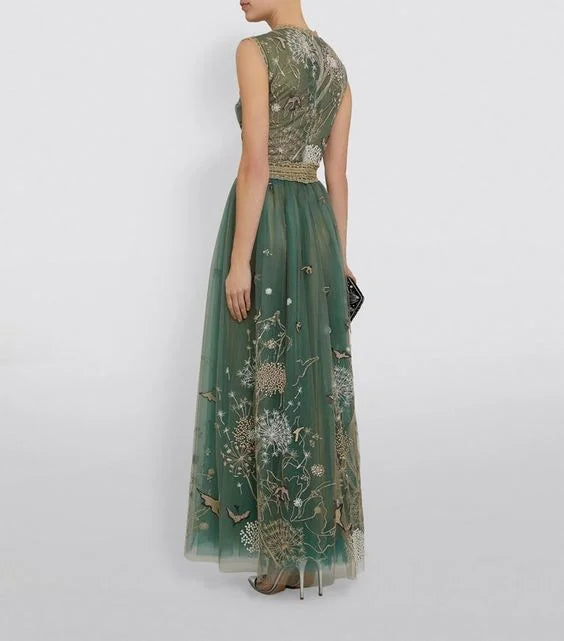 Nature Embroidered Mesh Dress Gown - 01