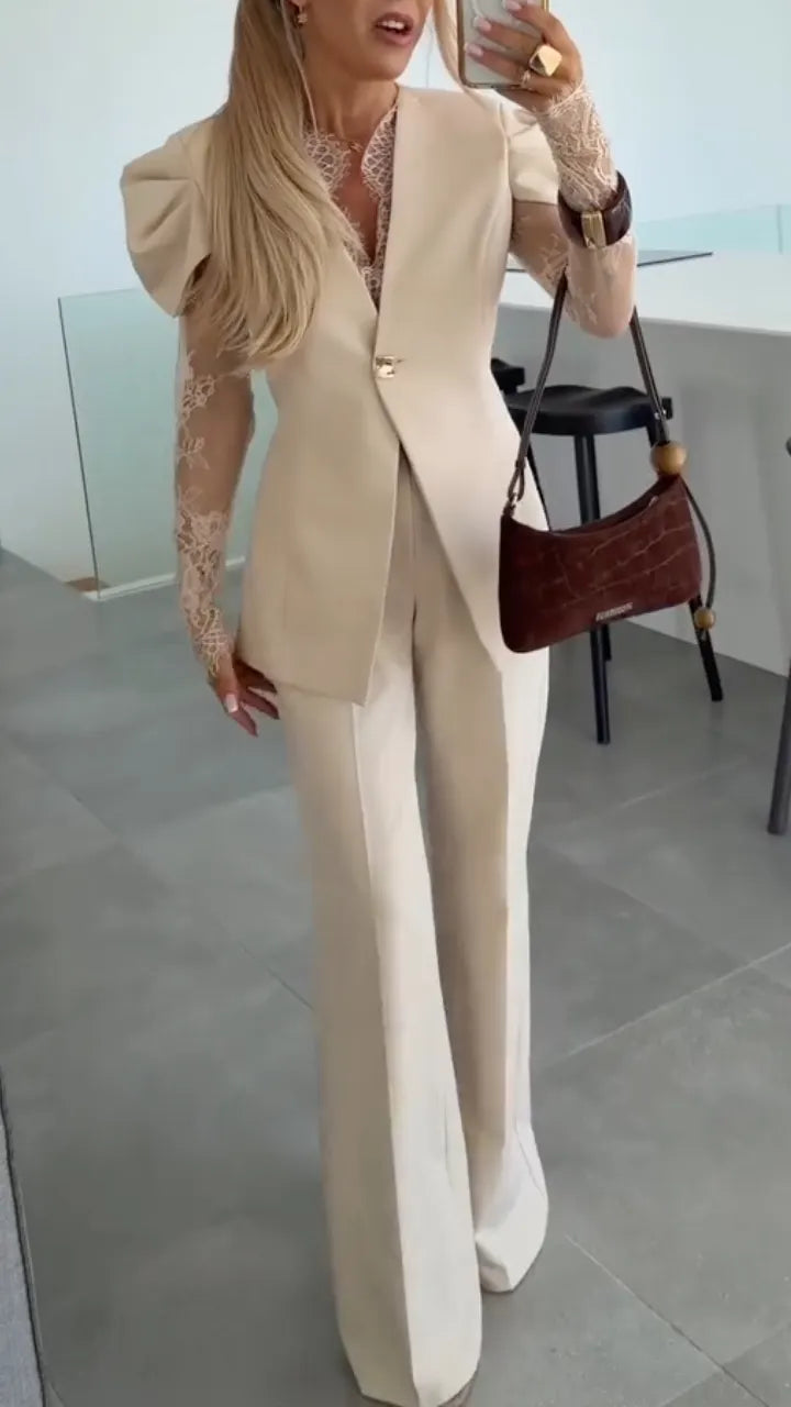 Beige Lace Sleeve Blazer Pants Set
