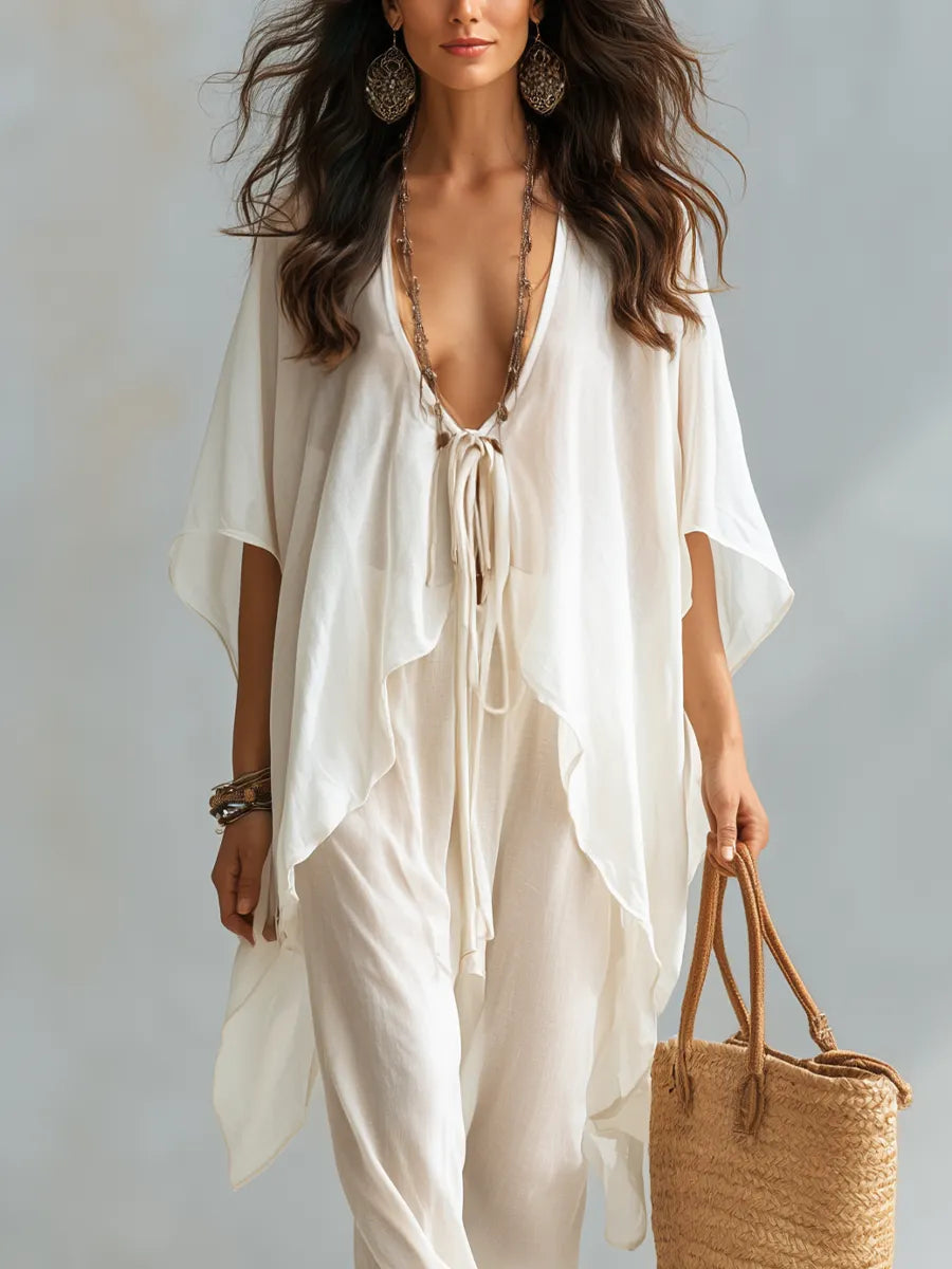 Airy Ivory Lace-up Draped Top