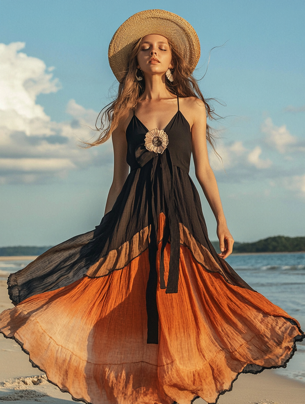 Summer vacation fashion elegant contrast color dress 7563