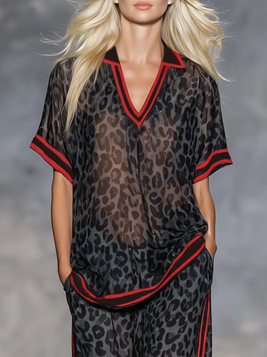 Leopard Print Chiffon Short-sleeved Top And Trousers Set
