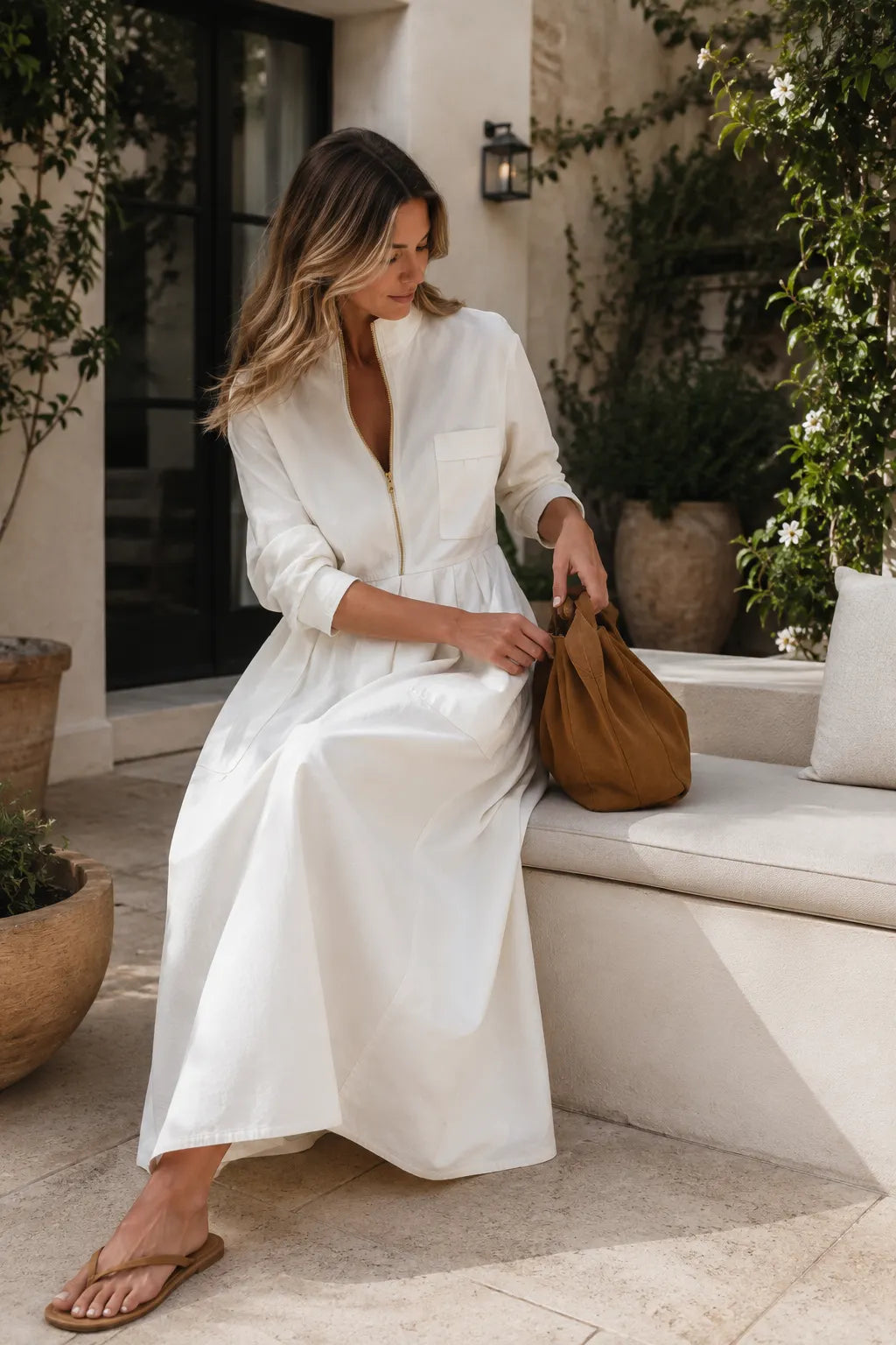 Women's Half-Zip Stand Collar Long Sleeve Pockets Maxi Dress