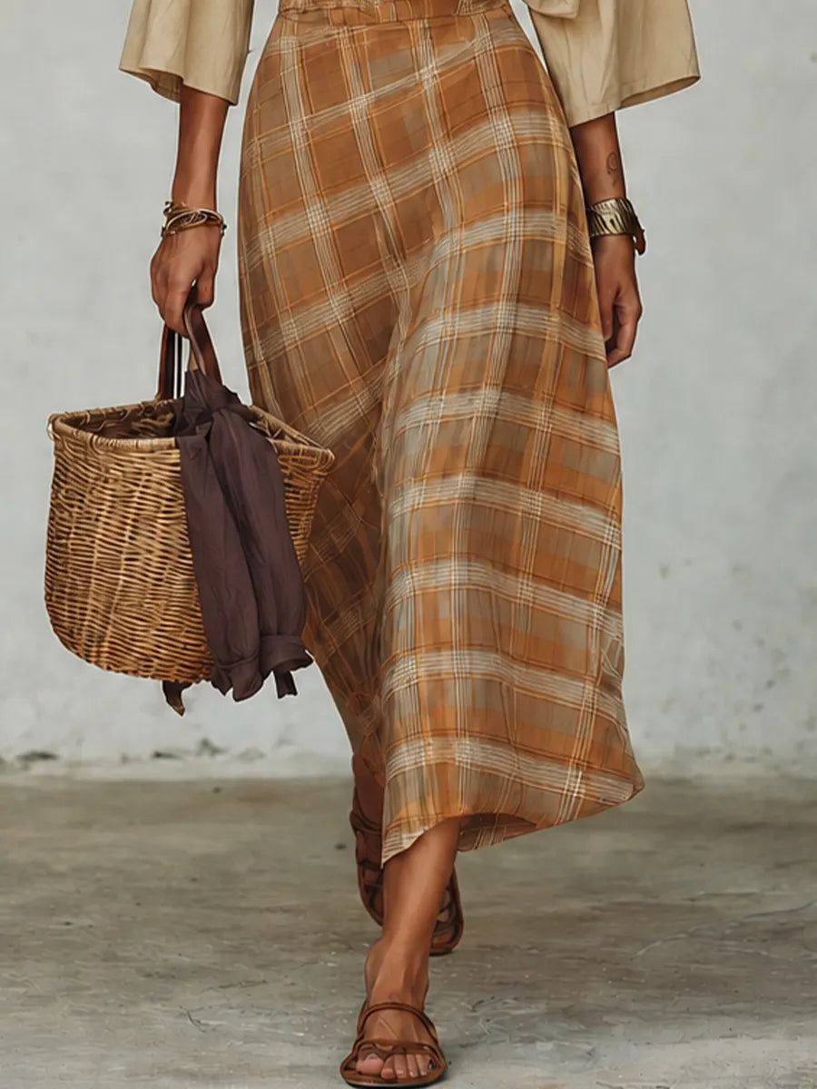 Earthy Boho Cape Sleeve Top & Plaid Midi Skirt Set