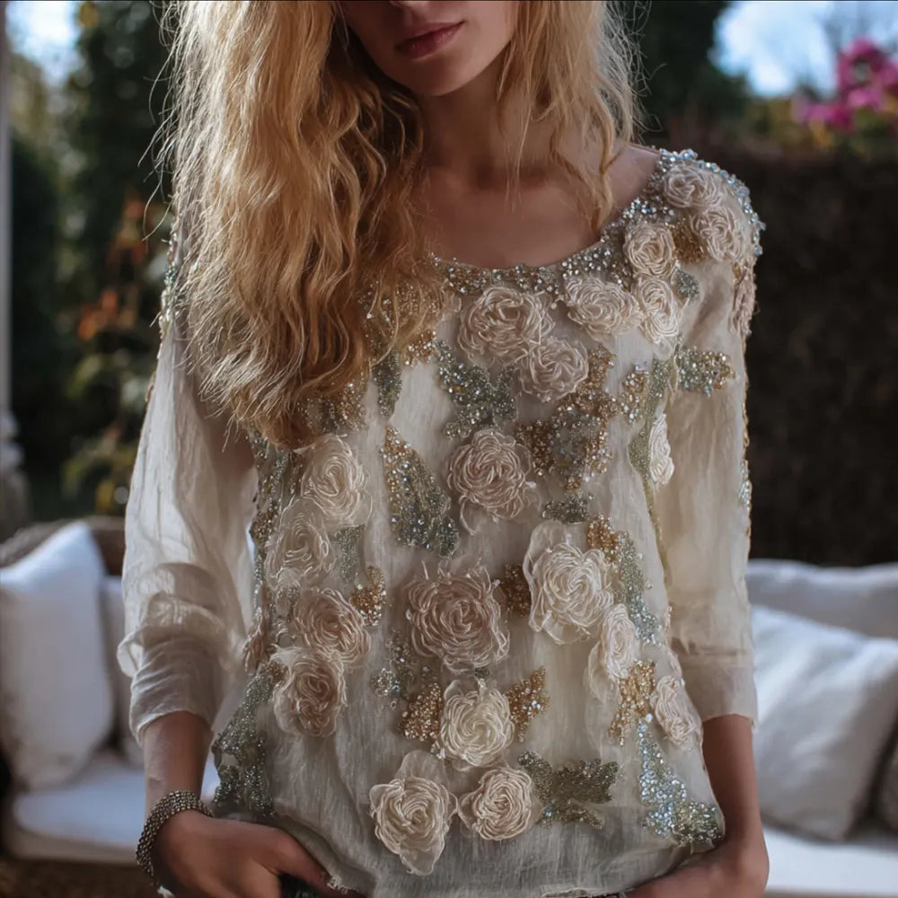 Ladies' Three-dimensional Flower Vintage Round-neck Long-sleeved Top
