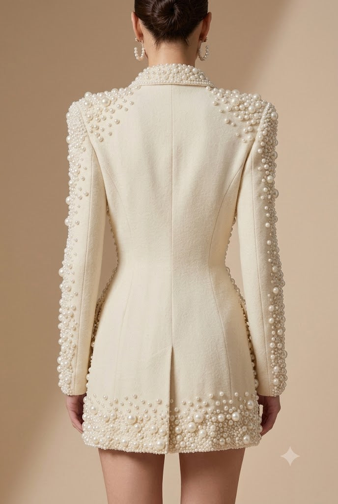 Luxury Ivory White Pearl Embellished Blazer Dress | Heavy Beaded Mini Dress