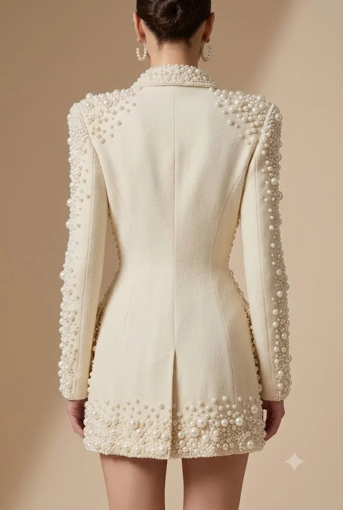 Luxury Ivory White Pearl Embellished Blazer Dress | Heavy Beaded Mini Dress