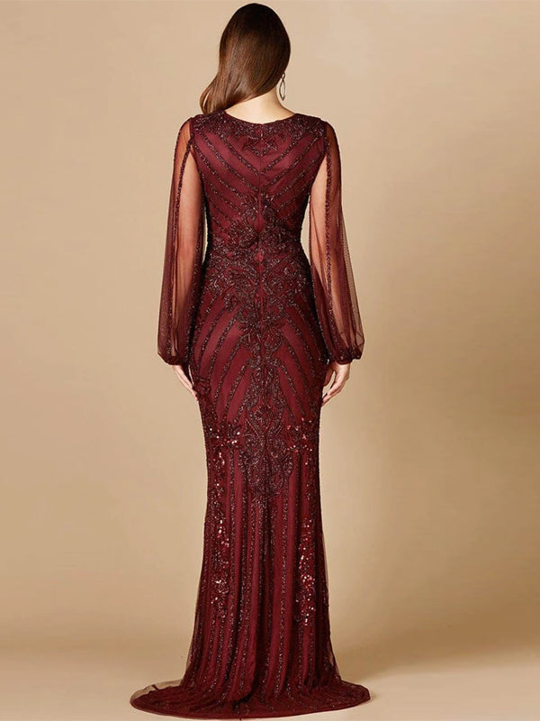 V-Neck Long Sleeve Lace Solid Color Maxi Dress